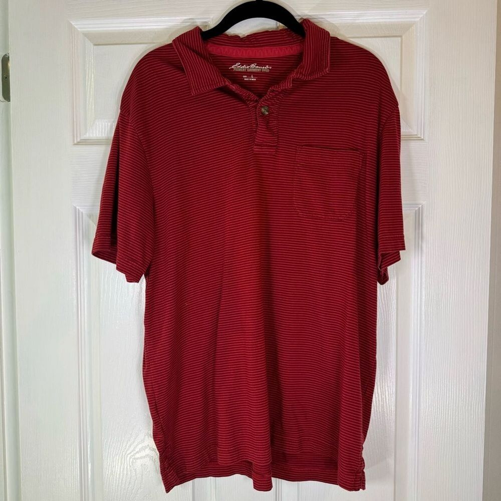 Eddie Bauer Red Striped Polo Shirt Men’s Size Large EUC